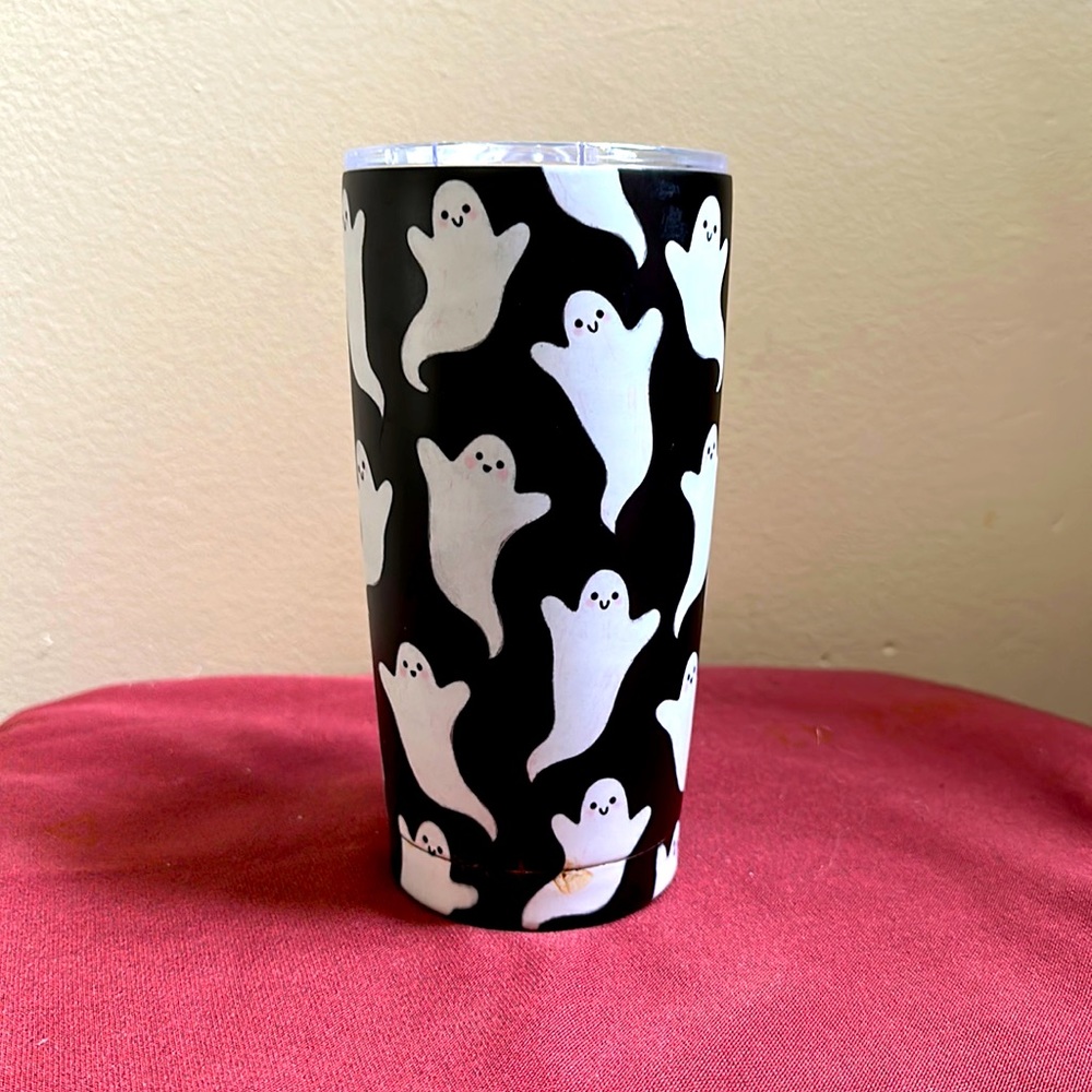 Halloween Black and White Ghost Stainless Steel Insulated Travel Tumbler. 20 oz.